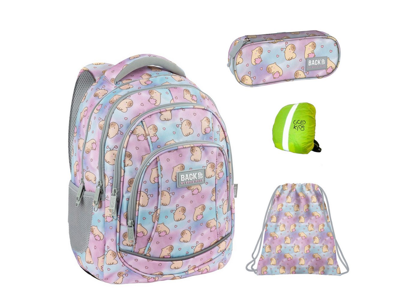 GOLDKIDS Schulranzen für Jungen und Mädchen, 4er-Set - (Schul-Rucksack für Kinder mit Schlampermäppchen, 4-tlg., - und Regenschutz), -Kapibara Motiv