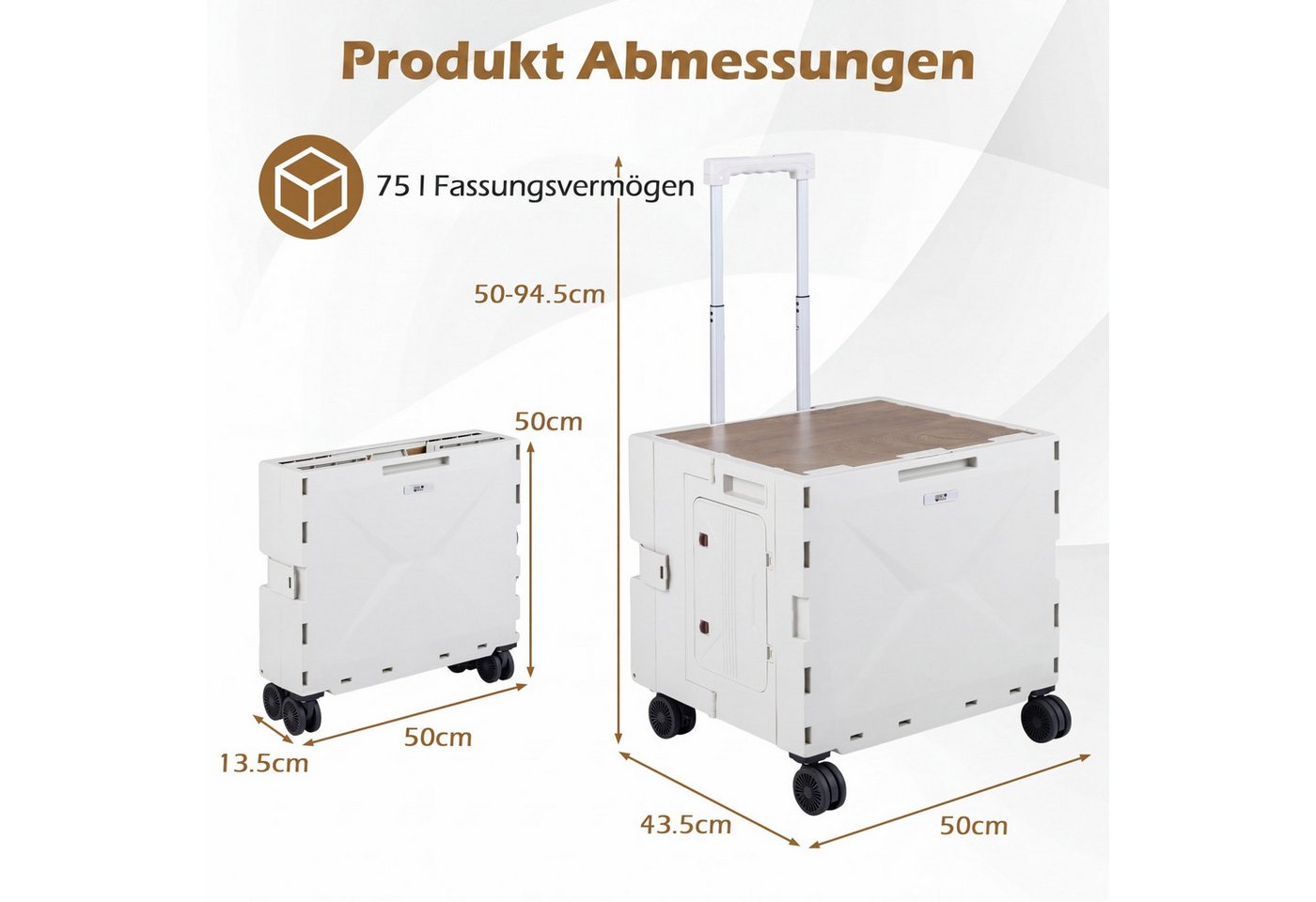 COSTWAY Einkaufstrolley, 75 l, mit verstellbarem Teleskopgriff, Rollen klappbar 75L mit Deckel