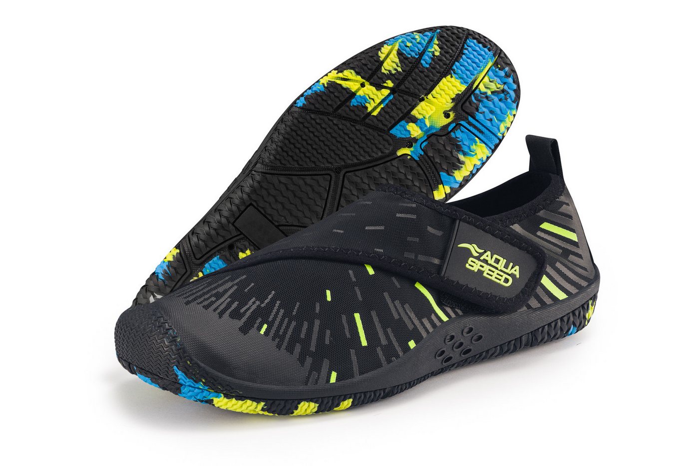 Aqua Speed Tegu Strandschuhe Gr. 45 – Schwarz/Fluor Gelb + Handtuch im Set Wasserschuh (Thermen- & Wellnessschuhe mit Grip – auch für rutschige Böden) Belüftet & schnell trocken – kein Schwitzen bei Bewegung