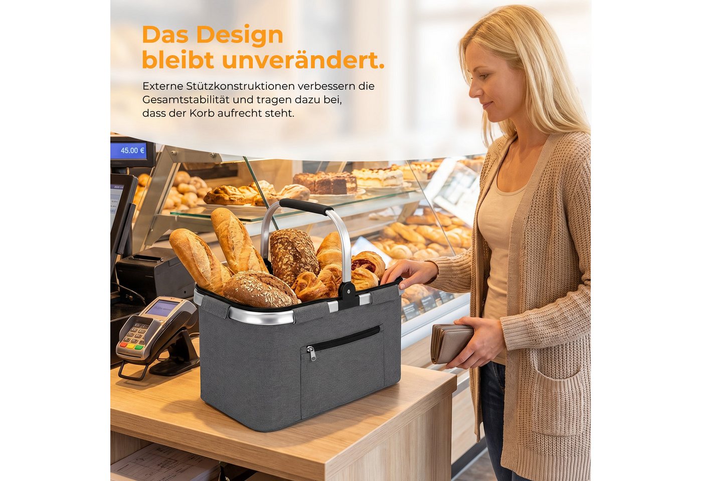 AKKEE Einkaufskorb Großer Picknickkorb mit gepolsterten Griffen Praktischer, Faltbarer Korb Einkaufstasche mit Aluminiumrahmen