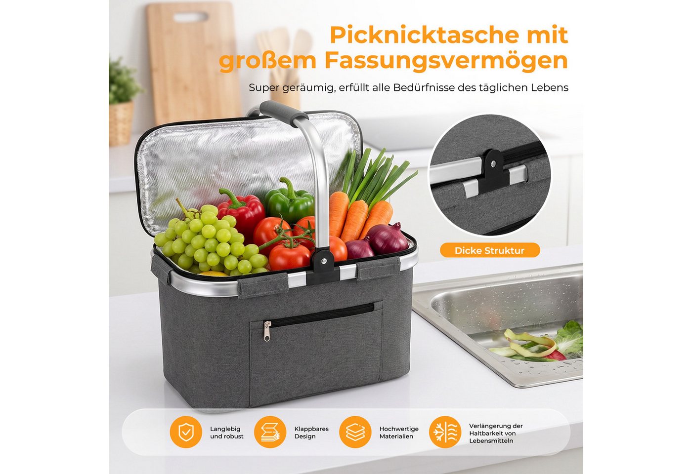 AKKEE Einkaufskorb Großer Picknickkorb mit gepolsterten Griffen Praktischer, Faltbarer Korb Einkaufstasche mit Aluminiumrahmen Bild 2