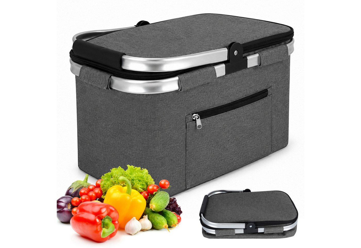 AKKEE Einkaufskorb Großer Picknickkorb mit gepolsterten Griffen Praktischer, Faltbarer Korb Einkaufstasche mit Aluminiumrahmen Bild 3