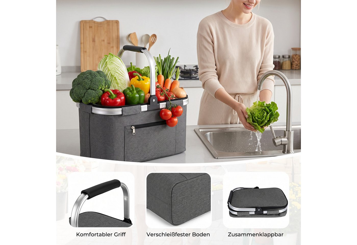 AKKEE Einkaufskorb Großer Picknickkorb mit gepolsterten Griffen Praktischer, Faltbarer Korb Einkaufstasche mit Aluminiumrahmen Bild 4