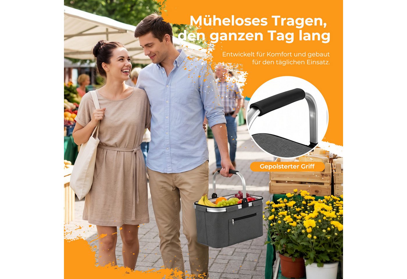 AKKEE Einkaufskorb Großer Picknickkorb mit gepolsterten Griffen Praktischer, Faltbarer Korb Einkaufstasche mit Aluminiumrahmen Bild 5