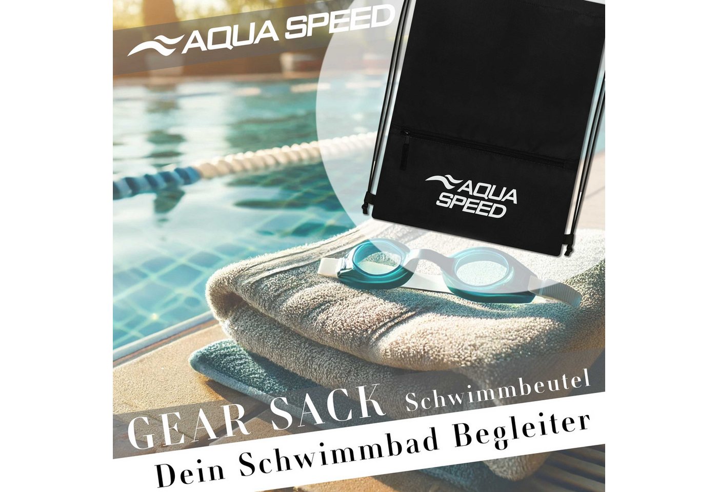 Aqua Speed Turnbeutel GEAR SACK ZIP Sportbeutel 16L Schwimmbeutel schwarz (Sporttasche 16 Liter chlorbeständig mit Reißverschlussfach), Mit Reißverschlussfach für Schlüssel & kleine Wertsachen