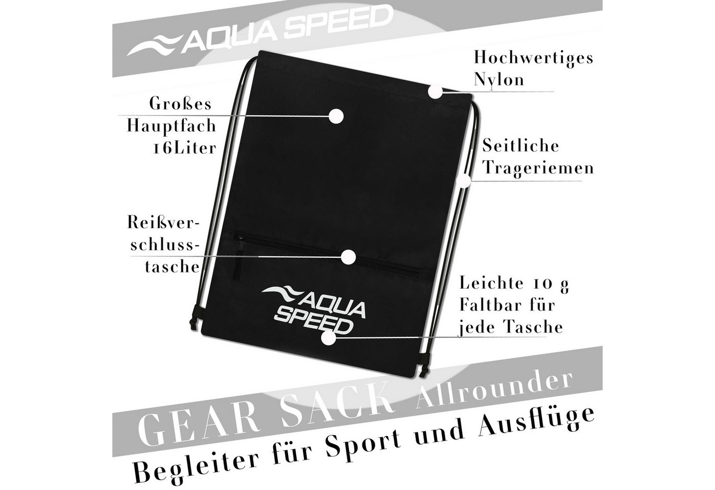 Aqua Speed Turnbeutel GEAR SACK ZIP Sportbeutel 16L Schwimmbeutel schwarz (Sporttasche 16 Liter chlorbeständig mit Reißverschlussfach), Mit Reißverschlussfach für Schlüssel & kleine Wertsachen Bild 4