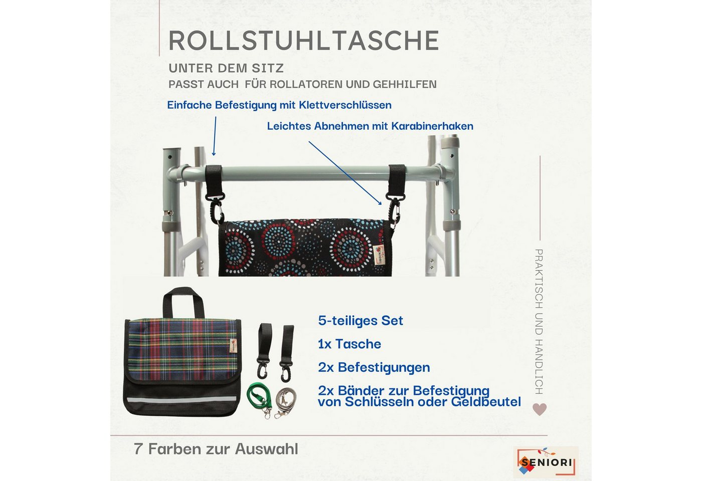 Seniori Aufbewahrungstasche multifunktionale Tasche für Rollstühle UNTER DEM SITZ Rollstuhltasche, 7U - Tartan