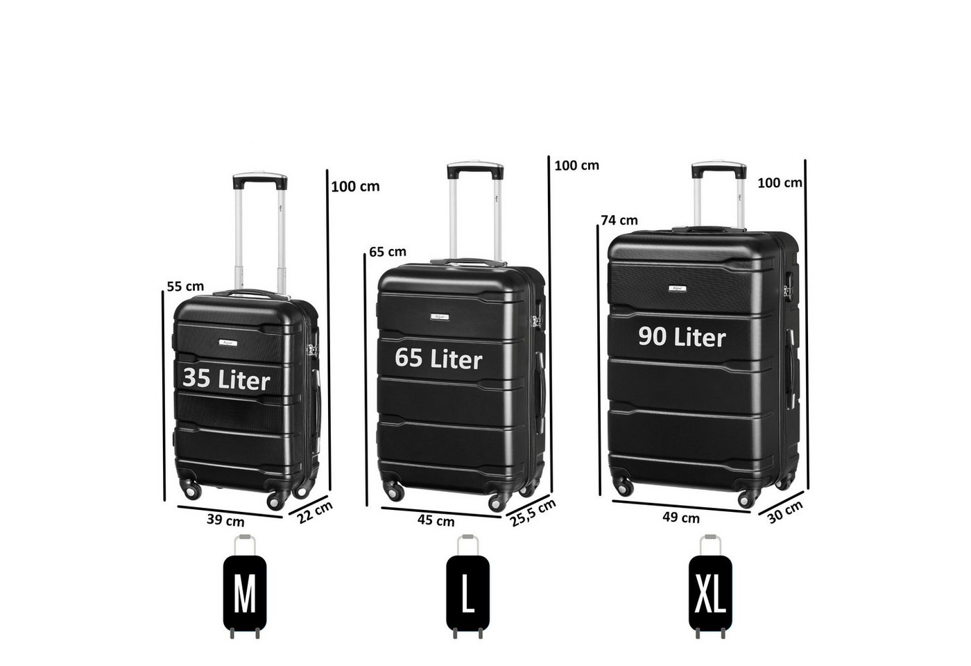 Zelsius Kofferset Koffer Set 3 Stück, Schwarz, ABS Hartschalenkoffer mit Zahlenschloss, 4 Rollen, (Set, 3 teiliges Kofferset)