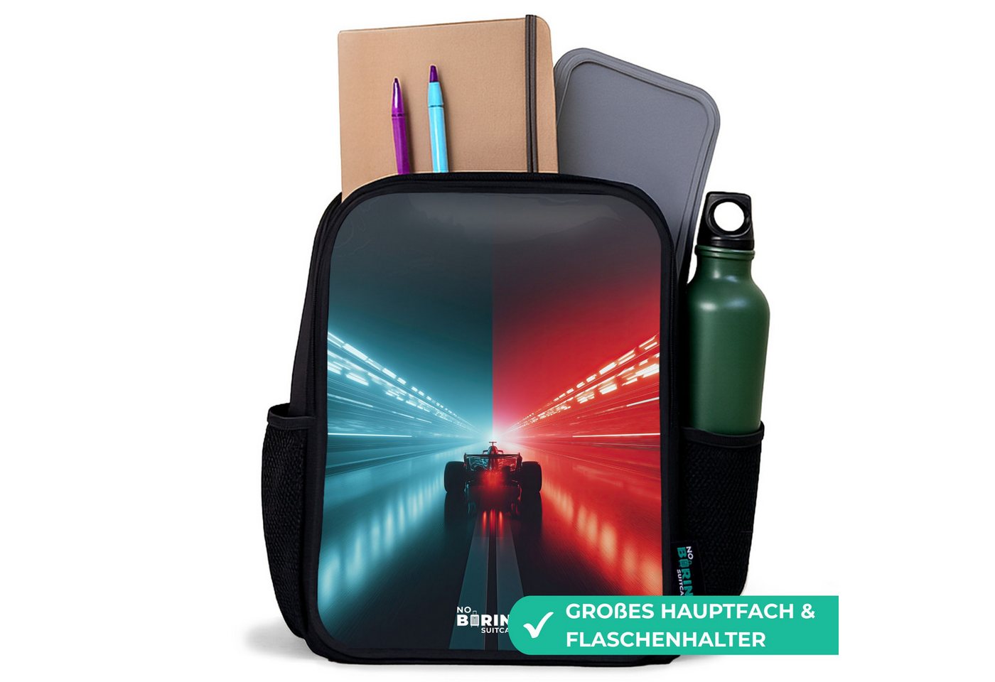 NoBoringSuitcases.com© Rucksack Schwarz - Rennstrecke - Rennwagen - Neon - Rot, Kinderrucksack Schwarz, Schulrucksack, Freizeitrucksack Jungen Mädchen Bild 2