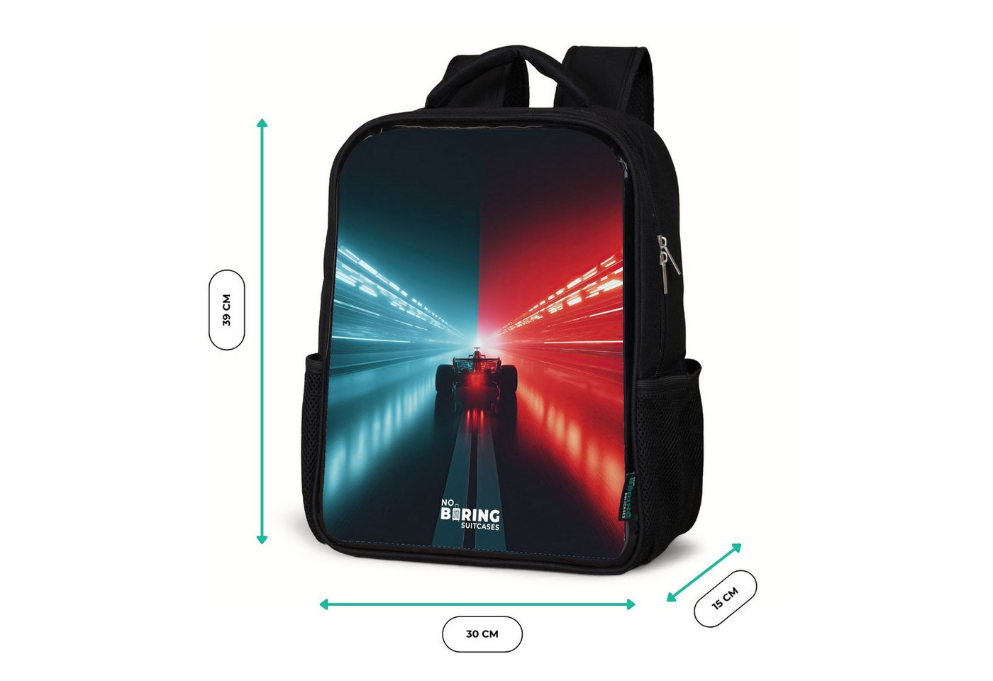 NoBoringSuitcases.com© Rucksack Schwarz - Rennstrecke - Rennwagen - Neon - Rot, Kinderrucksack Schwarz, Schulrucksack, Freizeitrucksack Jungen Mädchen Bild 4