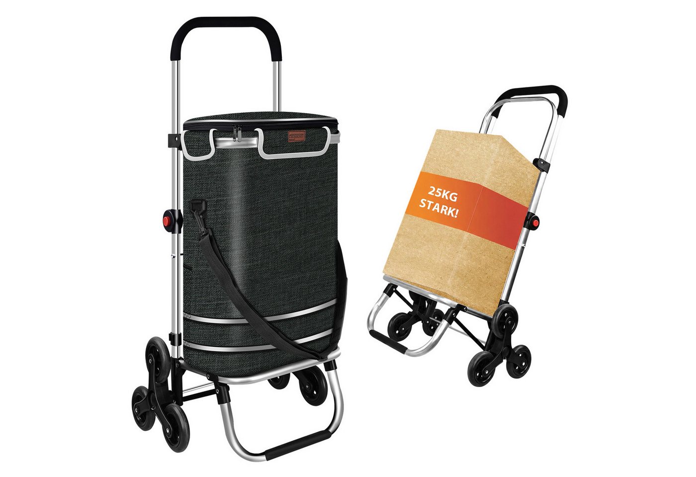 OKWISH Einkaufstrolley 3 Räder Einkaufswagen Treppensteiger mit Kühlfach klappbar bis 25 kg, 50 l, Einkaufsbeutel Leichter Transportwagen für Einkauf Camping Garten