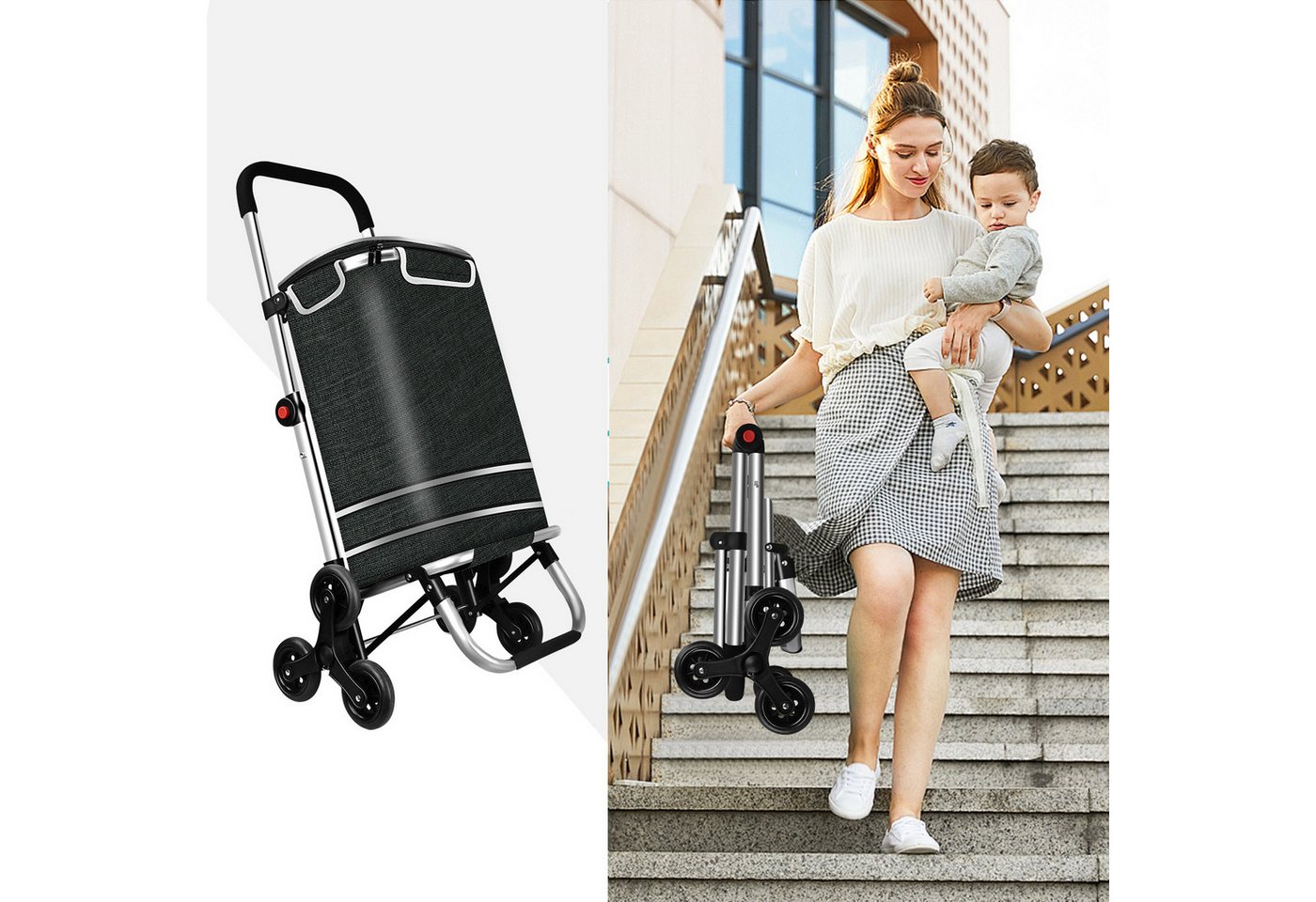 OKWISH Einkaufstrolley 3 Räder Einkaufswagen Treppensteiger mit Kühlfach klappbar bis 25 kg, 50 l, Einkaufsbeutel Leichter Transportwagen für Einkauf Camping Garten Bild 4