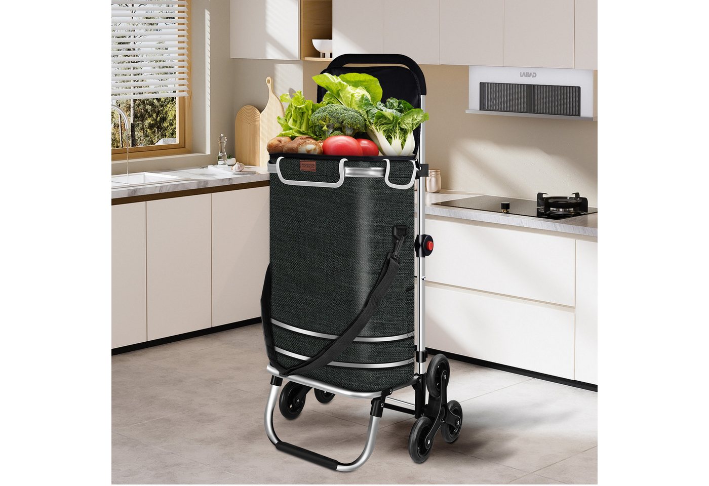 OKWISH Einkaufstrolley 3 Räder Einkaufswagen Treppensteiger mit Kühlfach klappbar bis 25 kg, 50 l, Einkaufsbeutel Leichter Transportwagen für Einkauf Camping Garten Bild 5