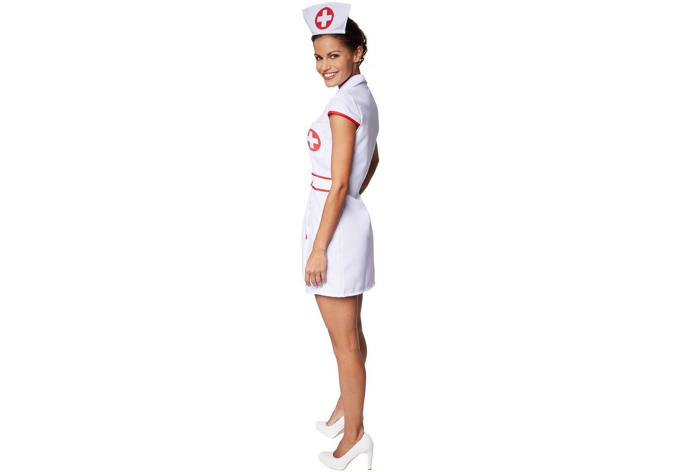 dressforfun Kostüm Krankenschwester/Pflegerin, in rot/weiß, Gr. L, Vorn mit Knöpfen, kurzes Kleid, Aufgedrucktes rotes Kreuz, Inkl. Haarreifen Bild 5