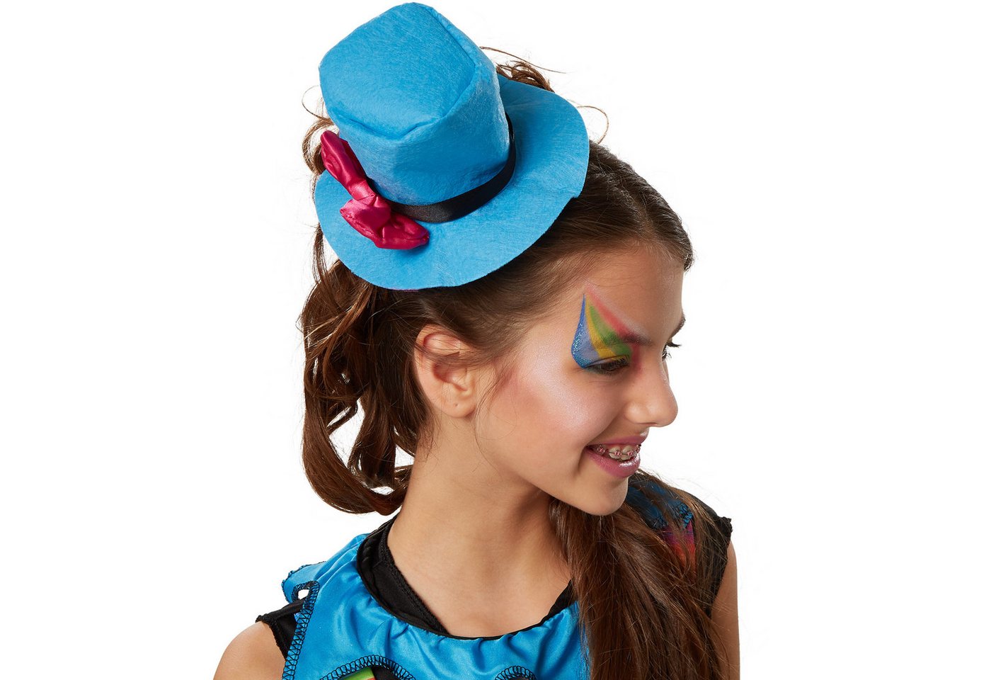 dressforfun Clown-Kostüm Spaßvogel/Komiker, in bunt, Rockteil mit angenähtem Tüllabschluss, Gr. 116 (5-6 Jahre), Schrill-buntes Einteiler-Kleid aus Elastik-Jersey