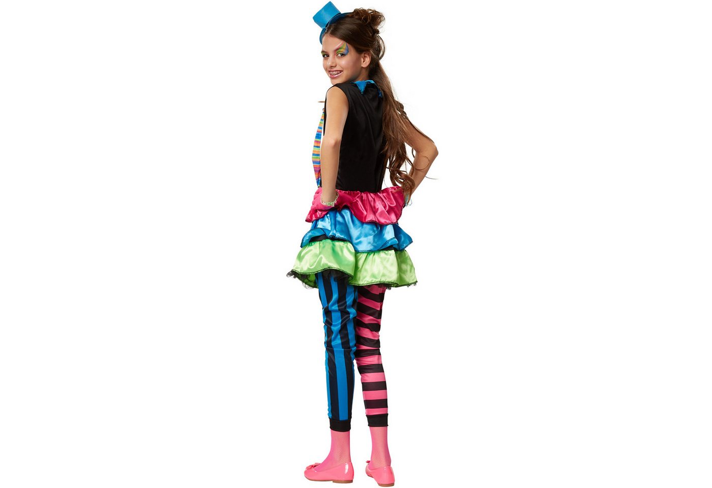dressforfun Clown-Kostüm Spaßvogel/Komiker, in bunt, Rockteil mit angenähtem Tüllabschluss, Gr. 116 (5-6 Jahre), Schrill-buntes Einteiler-Kleid aus Elastik-Jersey Bild 2