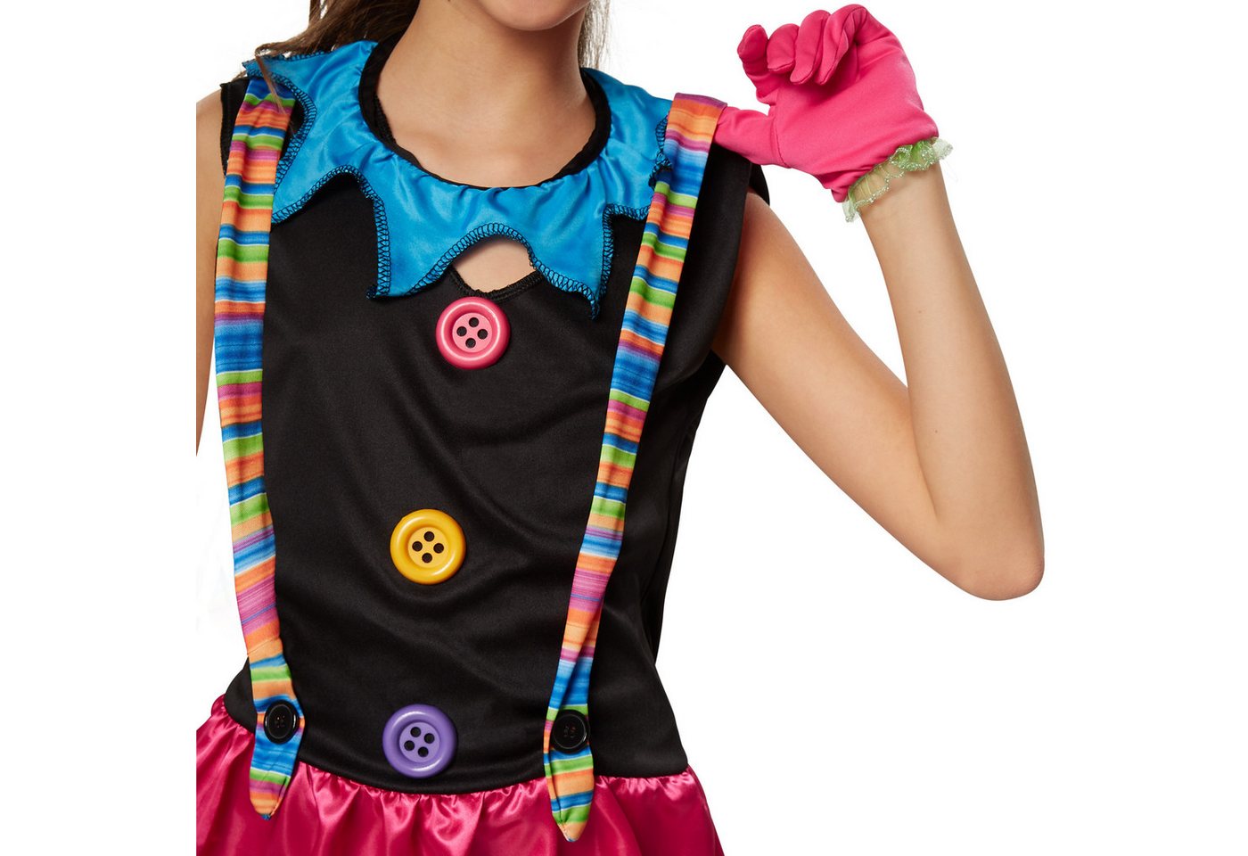dressforfun Clown-Kostüm Spaßvogel/Komiker, in bunt, Rockteil mit angenähtem Tüllabschluss, Gr. 116 (5-6 Jahre), Schrill-buntes Einteiler-Kleid aus Elastik-Jersey Bild 3