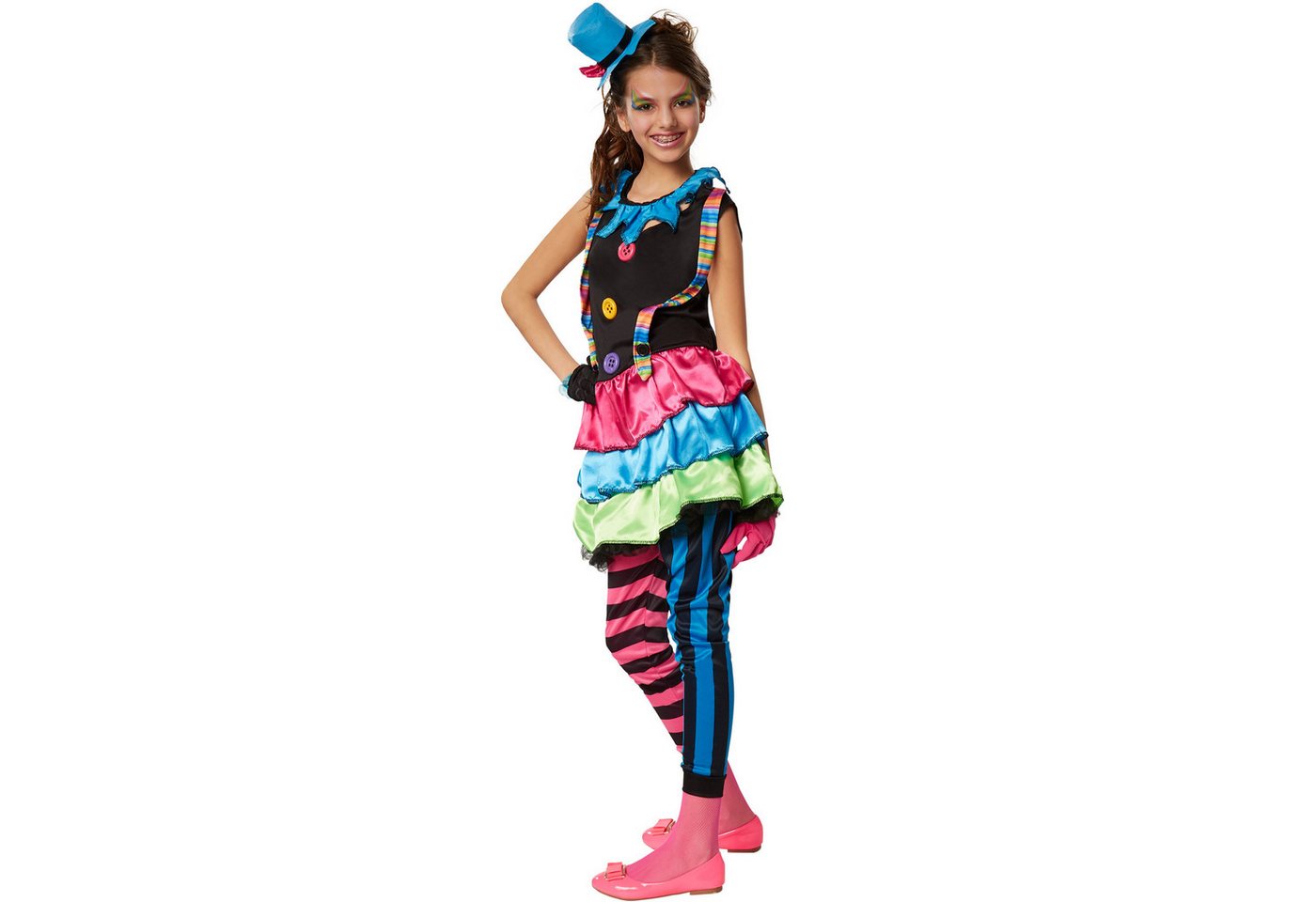 dressforfun Clown-Kostüm Spaßvogel/Komiker, in bunt, Rockteil mit angenähtem Tüllabschluss, Gr. 116 (5-6 Jahre), Schrill-buntes Einteiler-Kleid aus Elastik-Jersey Bild 4