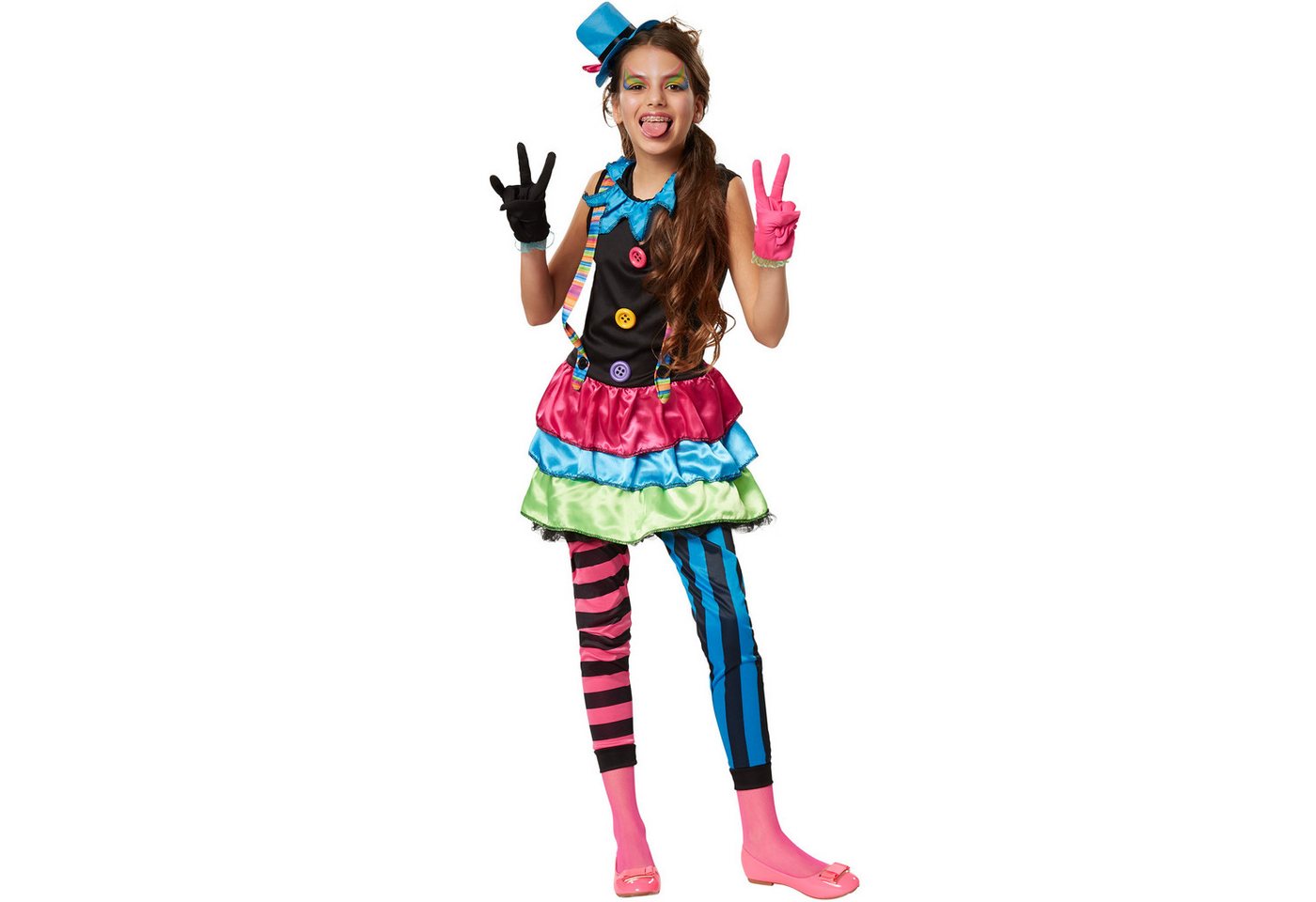 dressforfun Clown-Kostüm Spaßvogel/Komiker, in bunt, Rockteil mit angenähtem Tüllabschluss, Gr. 116 (5-6 Jahre), Schrill-buntes Einteiler-Kleid aus Elastik-Jersey Bild 5
