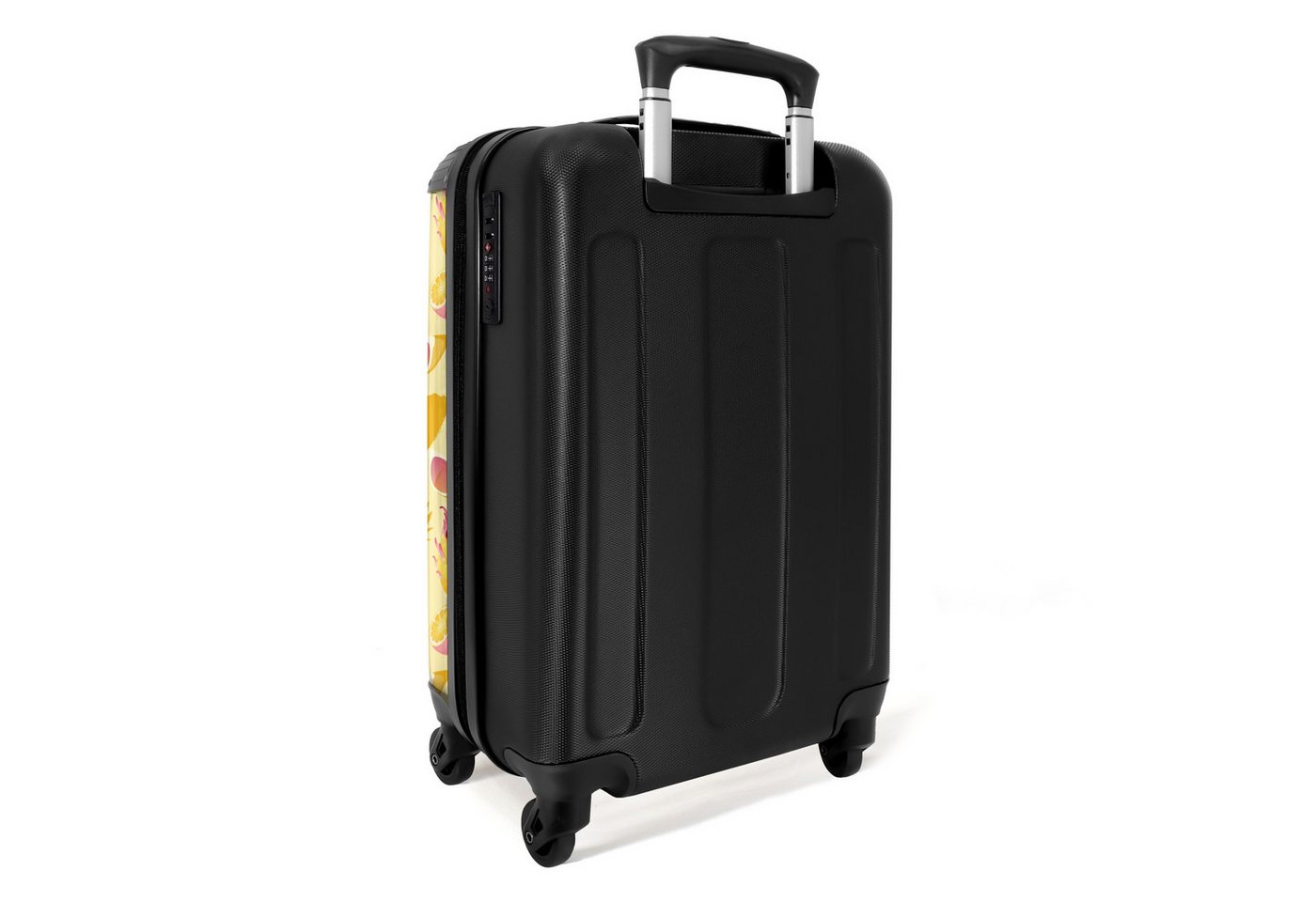 NoBoringSuitcases.com© Kinderkoffer Rosa und gelbes Muster aus Blumen und tropischen Früchten 55x35x20cm, Reisetasche mit Rollen, Koffer Handgepäck Flugzeug