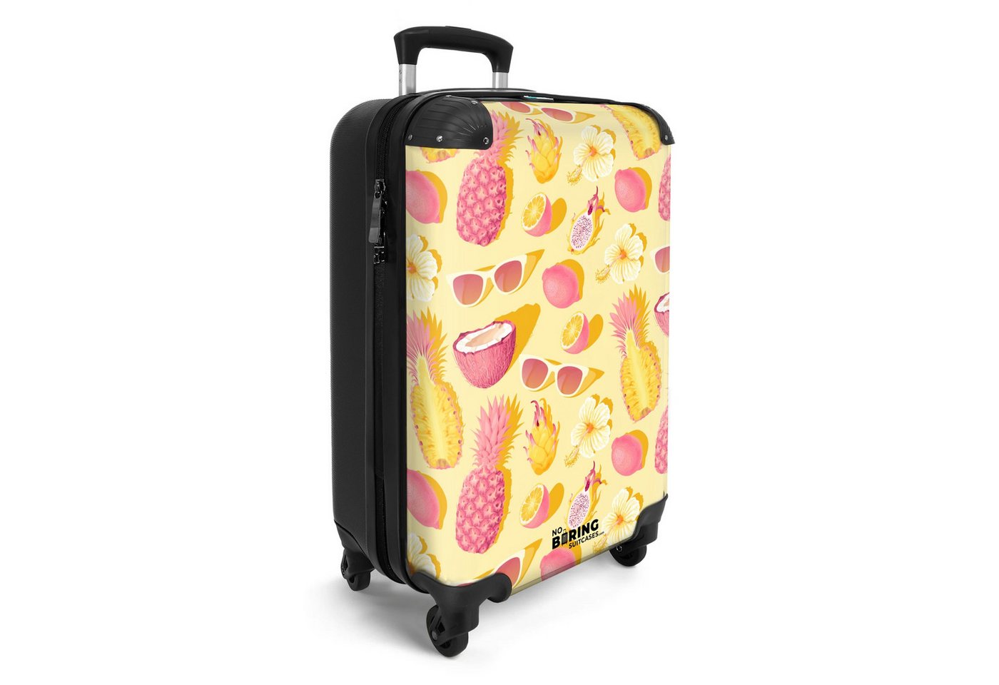 NoBoringSuitcases.com© Kinderkoffer Rosa und gelbes Muster aus Blumen und tropischen Früchten 55x35x20cm, Reisetasche mit Rollen, Koffer Handgepäck Flugzeug Bild 2