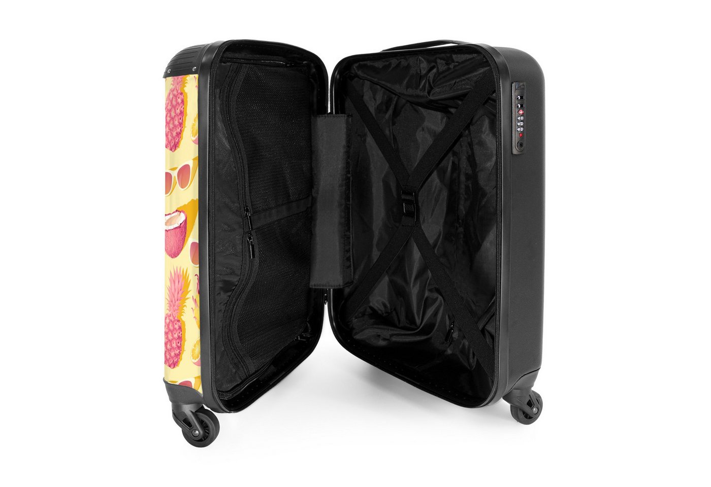 NoBoringSuitcases.com© Kinderkoffer Rosa und gelbes Muster aus Blumen und tropischen Früchten 55x35x20cm, Reisetasche mit Rollen, Koffer Handgepäck Flugzeug Bild 3