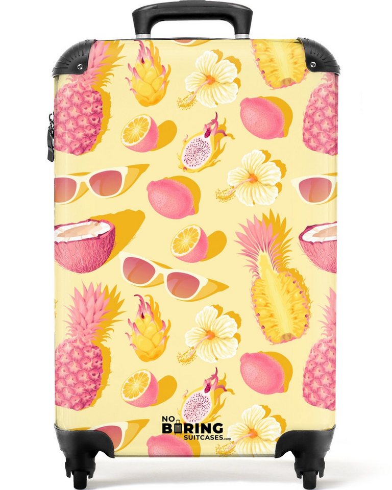 NoBoringSuitcases.com© Kinderkoffer Rosa und gelbes Muster aus Blumen und tropischen Früchten 55x35x20cm, Reisetasche mit Rollen, Koffer Handgepäck Flugzeug Bild 4