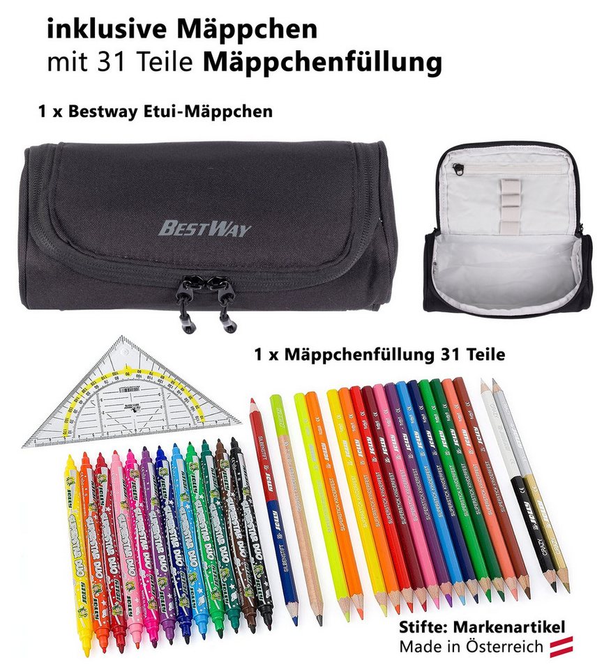 BESTWAY Schulrucksack Mädchen Jungen Schultasche Schulmappe Solid (Set, 3 Teile Set: Rucksack + Mäppchen + Stifte Set 31 tlg), Schulrucksackset Mappe Campus Evo 3 Teile Set 40352 rmv