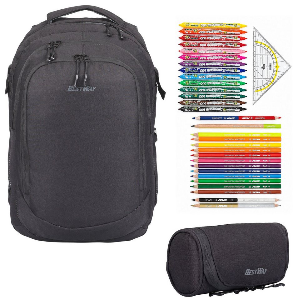 BESTWAY Schulrucksack Mädchen Jungen Schultasche Schulmappe Solid (Set, 3 Teile Set: Rucksack + Mäppchen + Stifte Set 31 tlg), Schulrucksackset Mappe Campus Evo 3 Teile Set 40352 rmv Bild 2