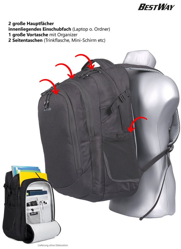 BESTWAY Schulrucksack Mädchen Jungen Schultasche Schulmappe Solid (Set, 3 Teile Set: Rucksack + Mäppchen + Stifte Set 31 tlg), Schulrucksackset Mappe Campus Evo 3 Teile Set 40352 rmv Bild 3
