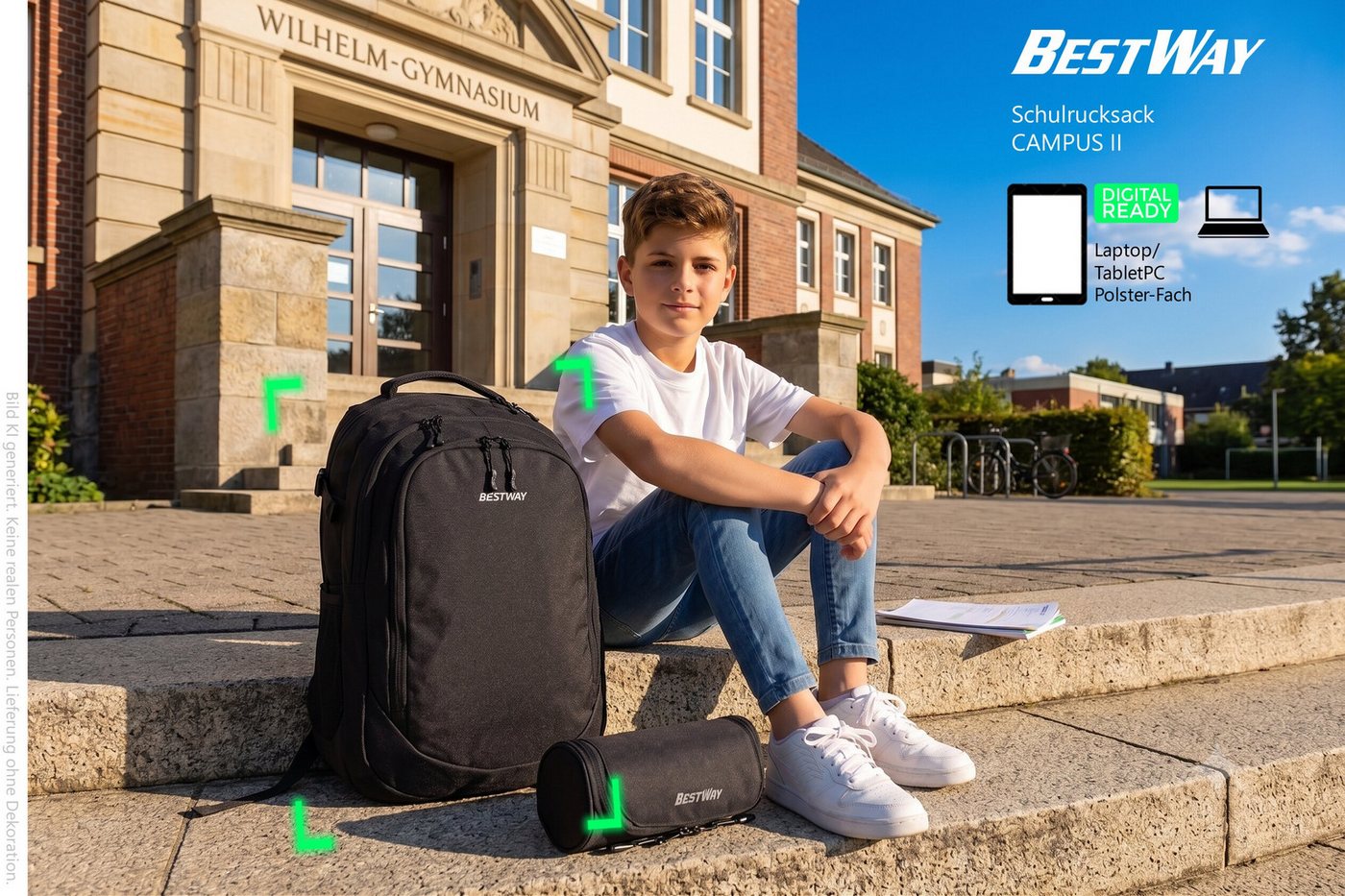 BESTWAY Schulrucksack Mädchen Jungen Schultasche Schulmappe Solid (Set, 3 Teile Set: Rucksack + Mäppchen + Stifte Set 31 tlg), Schulrucksackset Mappe Campus Evo 3 Teile Set 40352 rmv Bild 5