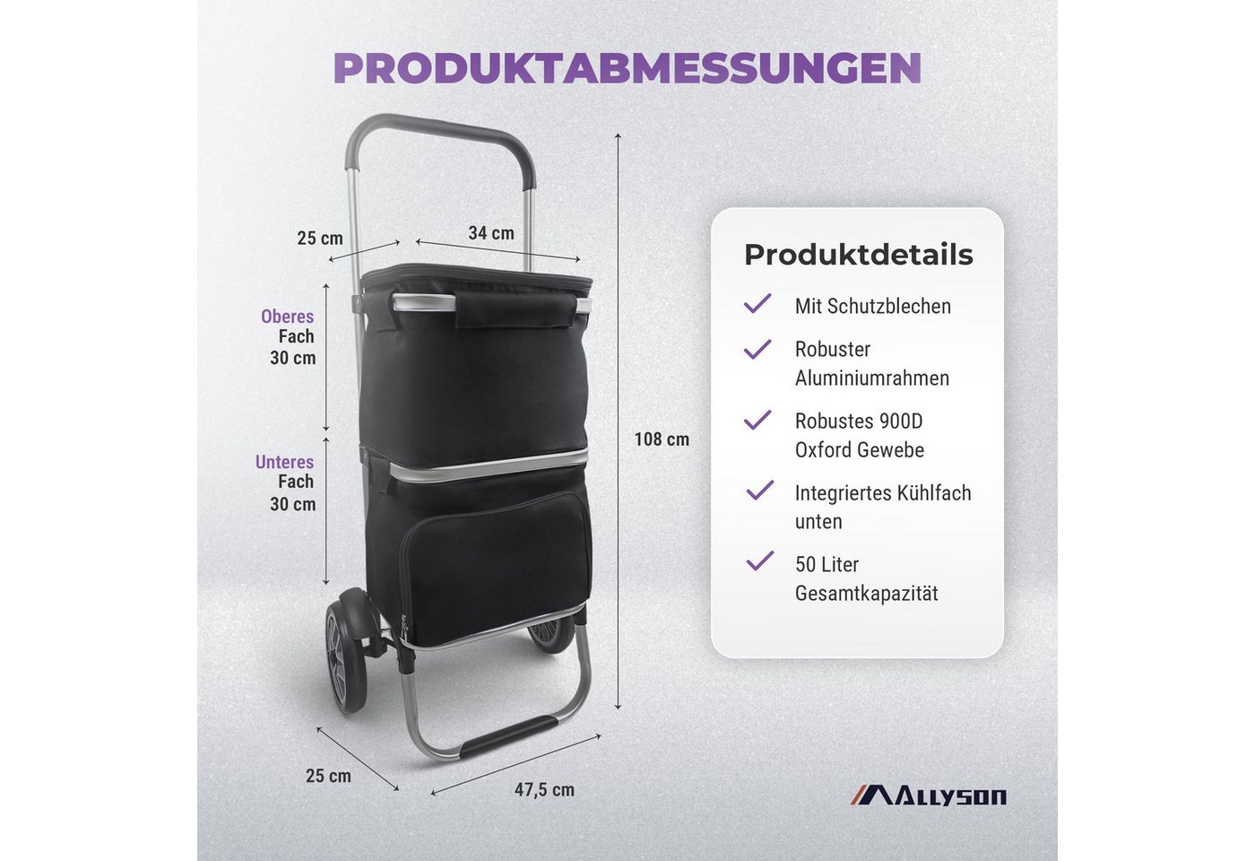 Allyson Einkaufstrolley Einkaufswagen klappbar, Einkauftrolley mit Leisen Rädern & Kühlfach, 900D Oxford & Doppel-Tasche klappbar & Leise Rollen Bild 3