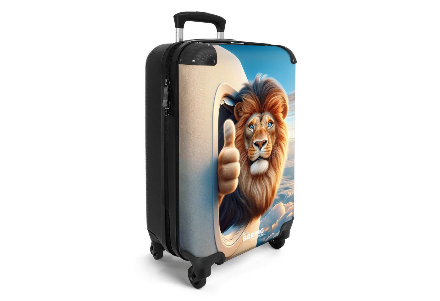 NoBoringSuitcases.com© Kinderkoffer Löwe mit erhobenem Daumen aus einem Flugzeugfenster 55x35x20cm, Handgepäck Koffer, Hartschalenkoffer Kinder, Reisekoffer Jungen