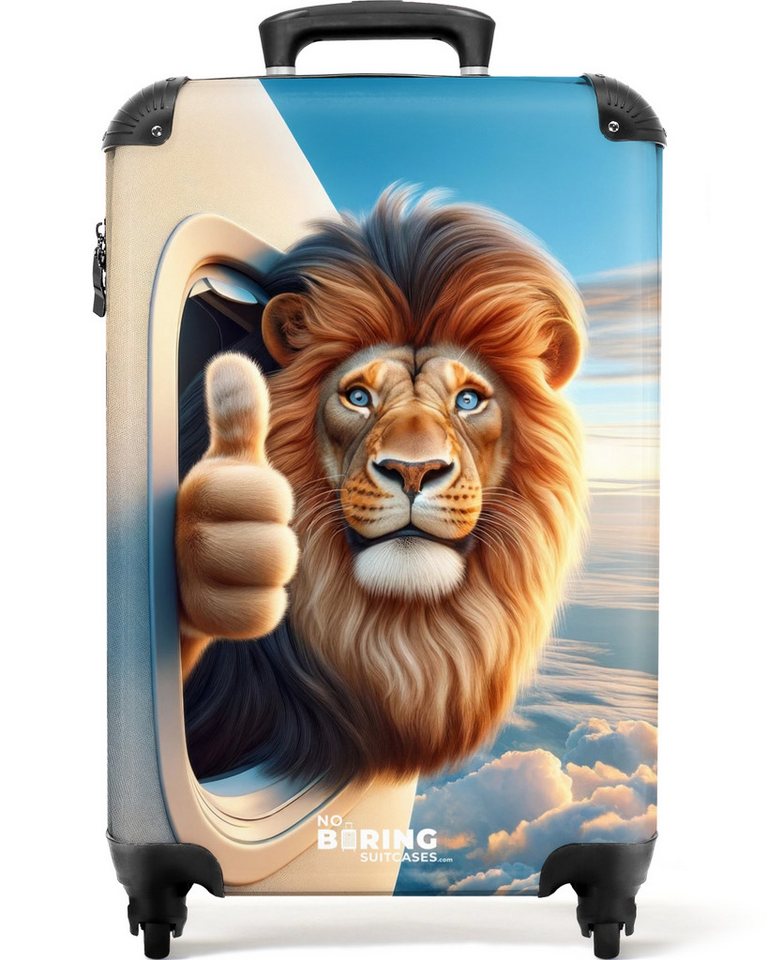 NoBoringSuitcases.com© Kinderkoffer Löwe mit erhobenem Daumen aus einem Flugzeugfenster 55x35x20cm, Handgepäck Koffer, Hartschalenkoffer Kinder, Reisekoffer Jungen Bild 2