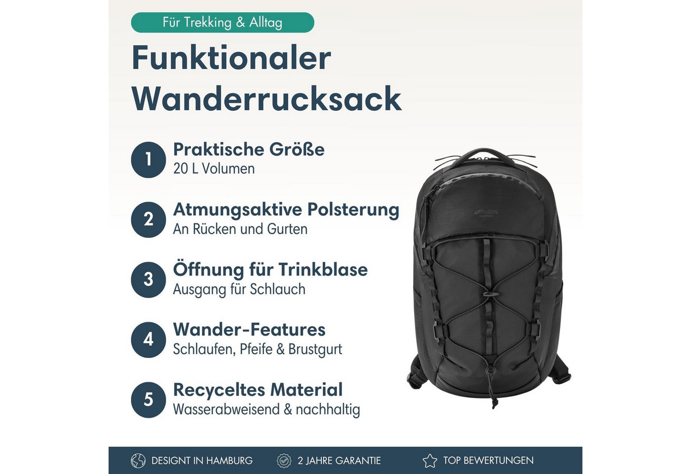 LARKSON Wanderrucksack Klint Small Rucksack 19 L mit Trinkblasenöffnung (1-tlg), Outdoorrucksack für Radfahren, Bergsteigen, Wandern, Camping Bild 5
