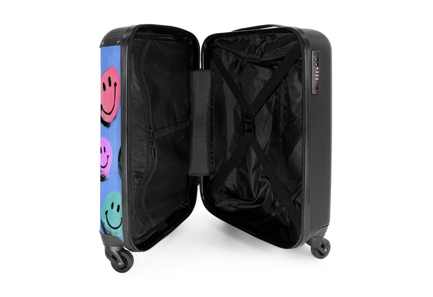 NoBoringSuitcases.com© Kinderkoffer Bunte Smiley-Gesichter auf blauem Hintergrund 55x35x20cm, Kinder Koffer Klein, Trolley Handgepäck, Reisekoffer Bild 4