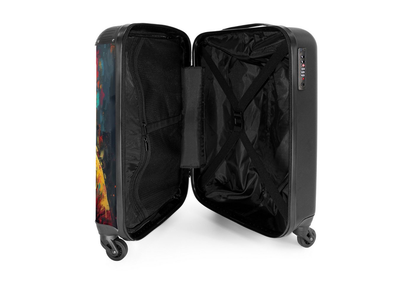 NoBoringSuitcases.com© Hartschalen-Trolley Panda mit buntem Fell und Farbspritzern 55x35x20cm, Reisetasche mit Rollen, Koffer Handgepäck Flugzeug