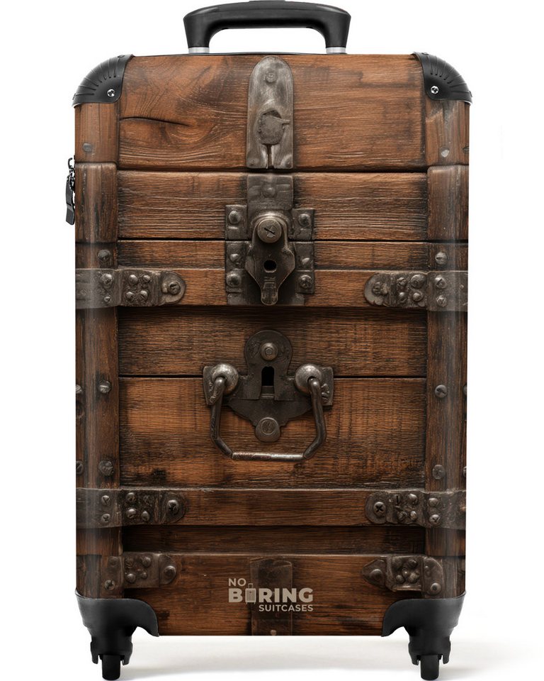 NoBoringSuitcases.com© Hartschalen-Trolley Verschlossene Holzkiste mit Metallbändern 55x35x20cm, Reisetasche mit Rollen, Koffer Handgepäck Flugzeug
