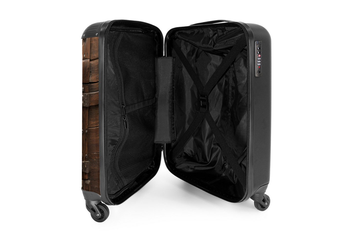 NoBoringSuitcases.com© Hartschalen-Trolley Verschlossene Holzkiste mit Metallbändern 55x35x20cm, Reisetasche mit Rollen, Koffer Handgepäck Flugzeug Bild 2