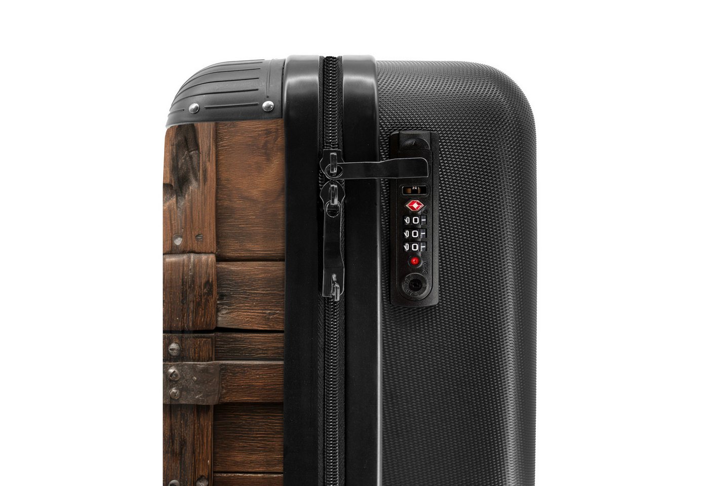 NoBoringSuitcases.com© Hartschalen-Trolley Verschlossene Holzkiste mit Metallbändern 55x35x20cm, Reisetasche mit Rollen, Koffer Handgepäck Flugzeug Bild 3