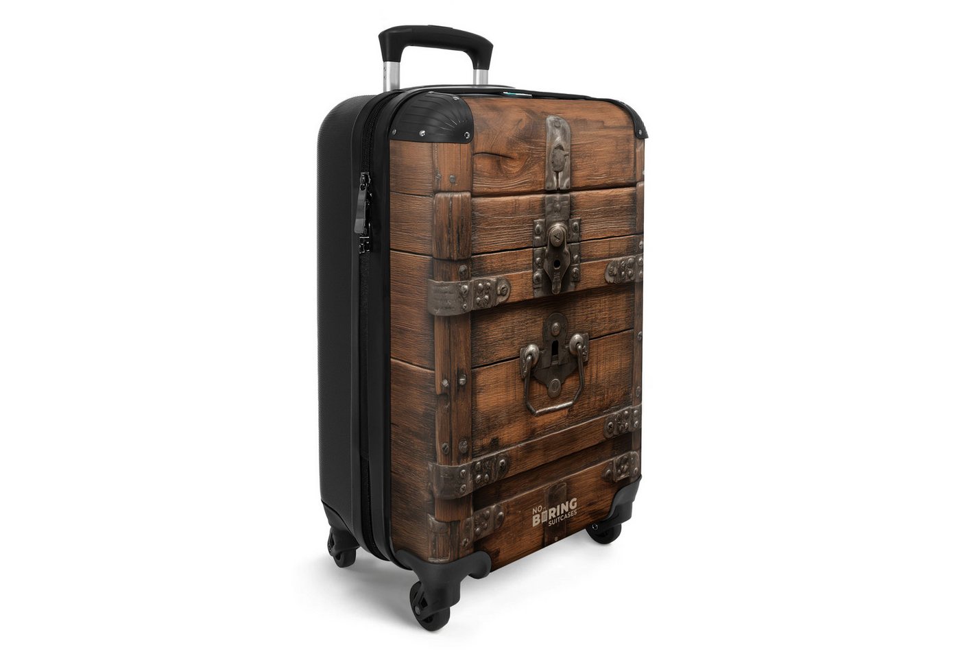 NoBoringSuitcases.com© Hartschalen-Trolley Verschlossene Holzkiste mit Metallbändern 55x35x20cm, Reisetasche mit Rollen, Koffer Handgepäck Flugzeug Bild 4