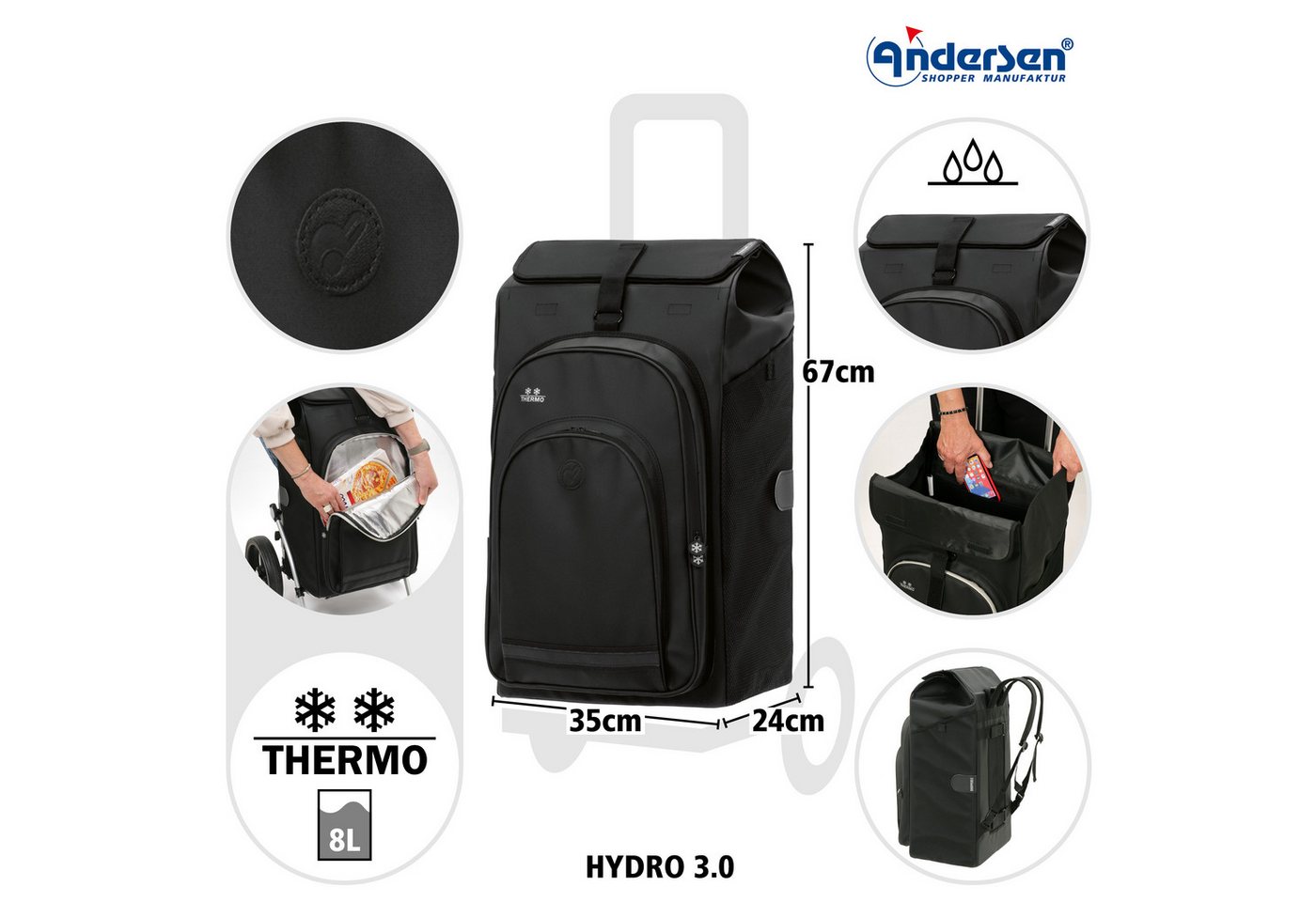 Andersen Einkaufstrolley Royal Shopper Hydro 3.0 schwarz, Thermofach 8 Liter, klappbar, belastbar bis 50kg, wasserabweisend