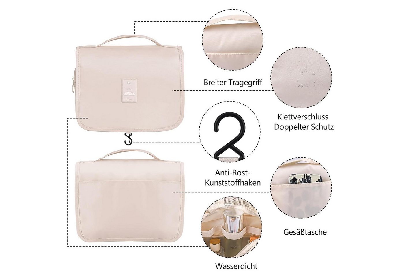 KINSI Kulturbeutel Hängender Waschbeutel, Kulturtasche,Faltbar, mit Tragegriff für Reisen, Unterteilte Aufbewahrung für einfachen Transport Bild 2