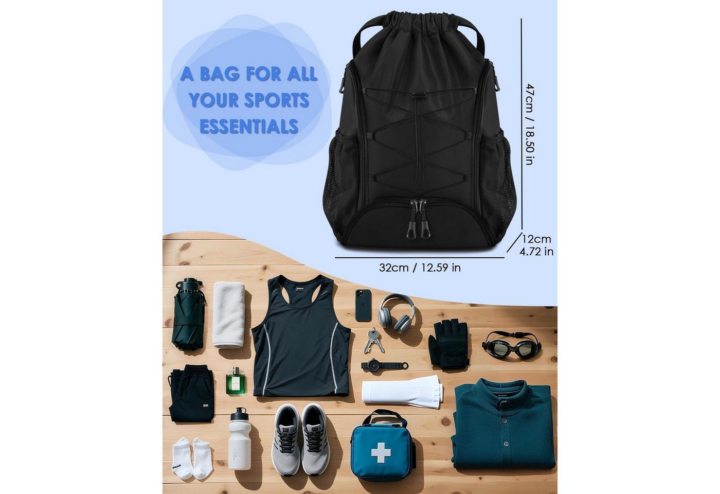 LuxusKollektion Sporttasche Sportbeutel Turnbeutel Kordelzug Schuhfach Wasserfest Schwarz-a Bild 4