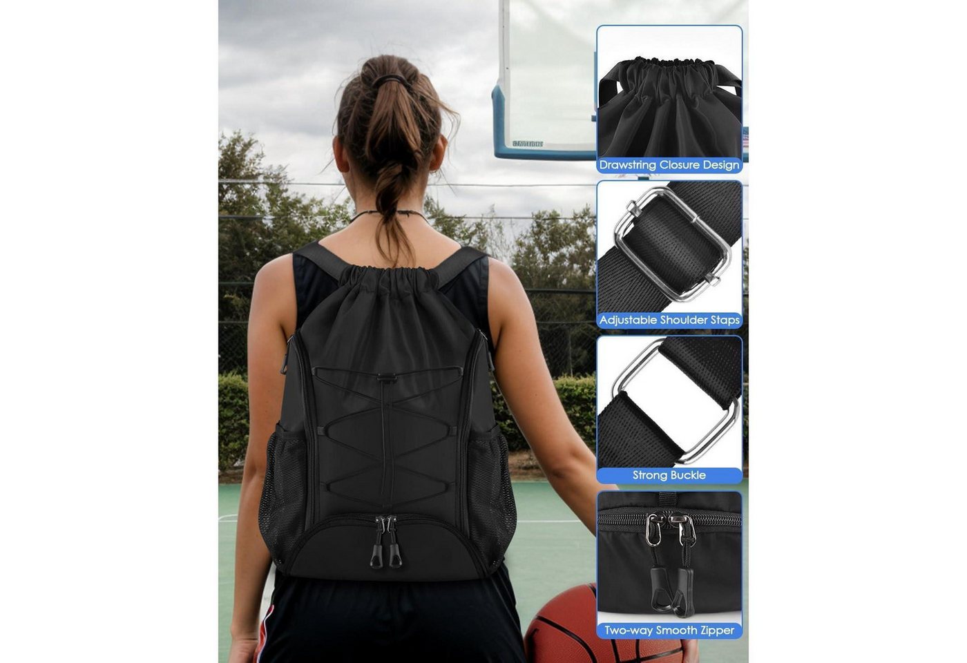 LuxusKollektion Sporttasche Sportbeutel Turnbeutel Kordelzug Schuhfach Wasserfest Schwarz-a Bild 5