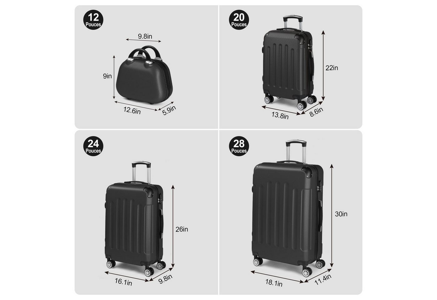 LALAHO Trolleyset Reisekoffer Set Hartschalenkoffer Trolley mit 360° Rollen, 4 Rollen, (4 tlg), Koffer Set aus ABS mit Kosmetikkoffer, Handgepäck, Schwarz