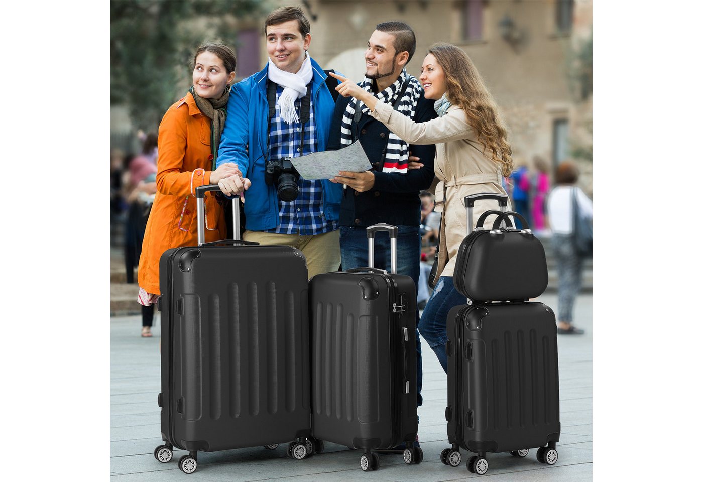 LALAHO Trolleyset Reisekoffer Set Hartschalenkoffer Trolley mit 360° Rollen, 4 Rollen, (4 tlg), Koffer Set aus ABS mit Kosmetikkoffer, Handgepäck, Schwarz Bild 2