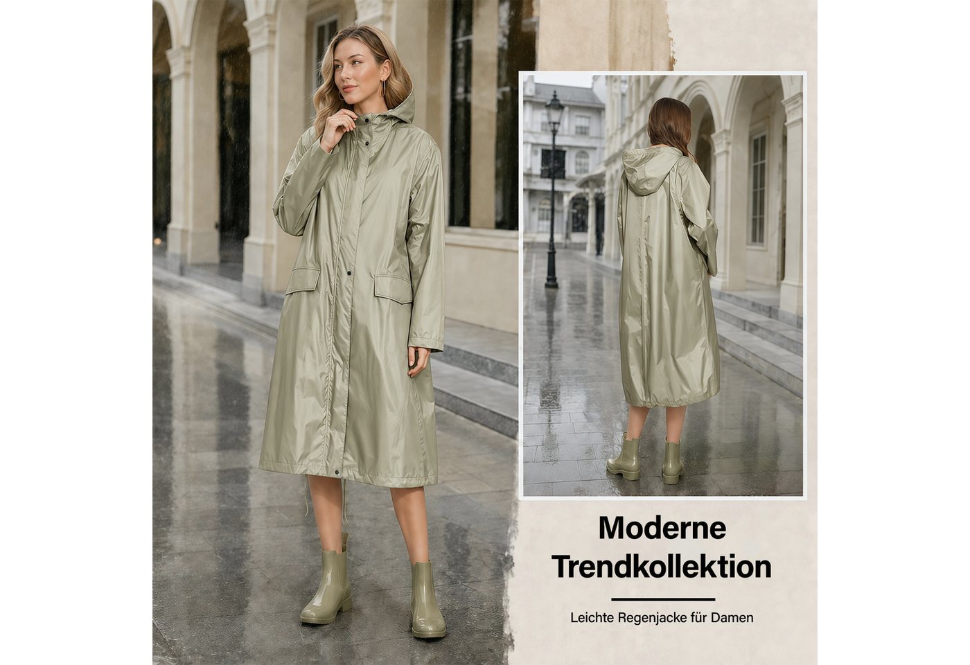 MOPUEA Regenmantel Regenmantel Damen Wasserdicht Leicht Atmungsaktiv Parka & Tasche XL (Set, 1-tlg., Multifunktional für unterwegs) Poncho Jacke Mantel für Erwachsene Bild 2