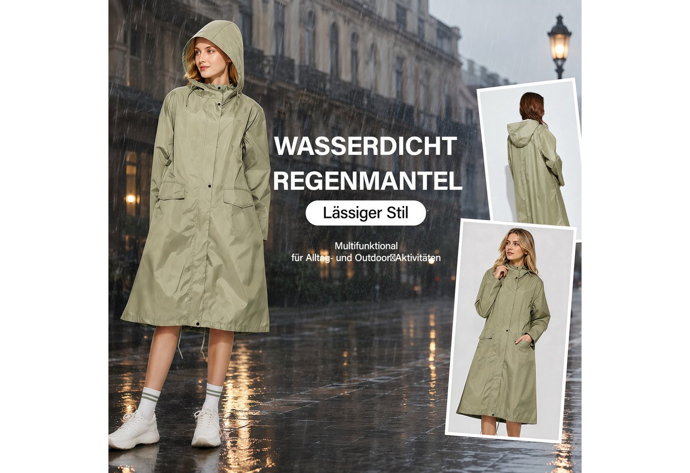 MOPUEA Regenmantel Regenmantel Damen Wasserdicht Leicht Atmungsaktiv Parka & Tasche XL (Set, 1-tlg., Multifunktional für unterwegs) Poncho Jacke Mantel für Erwachsene Bild 3