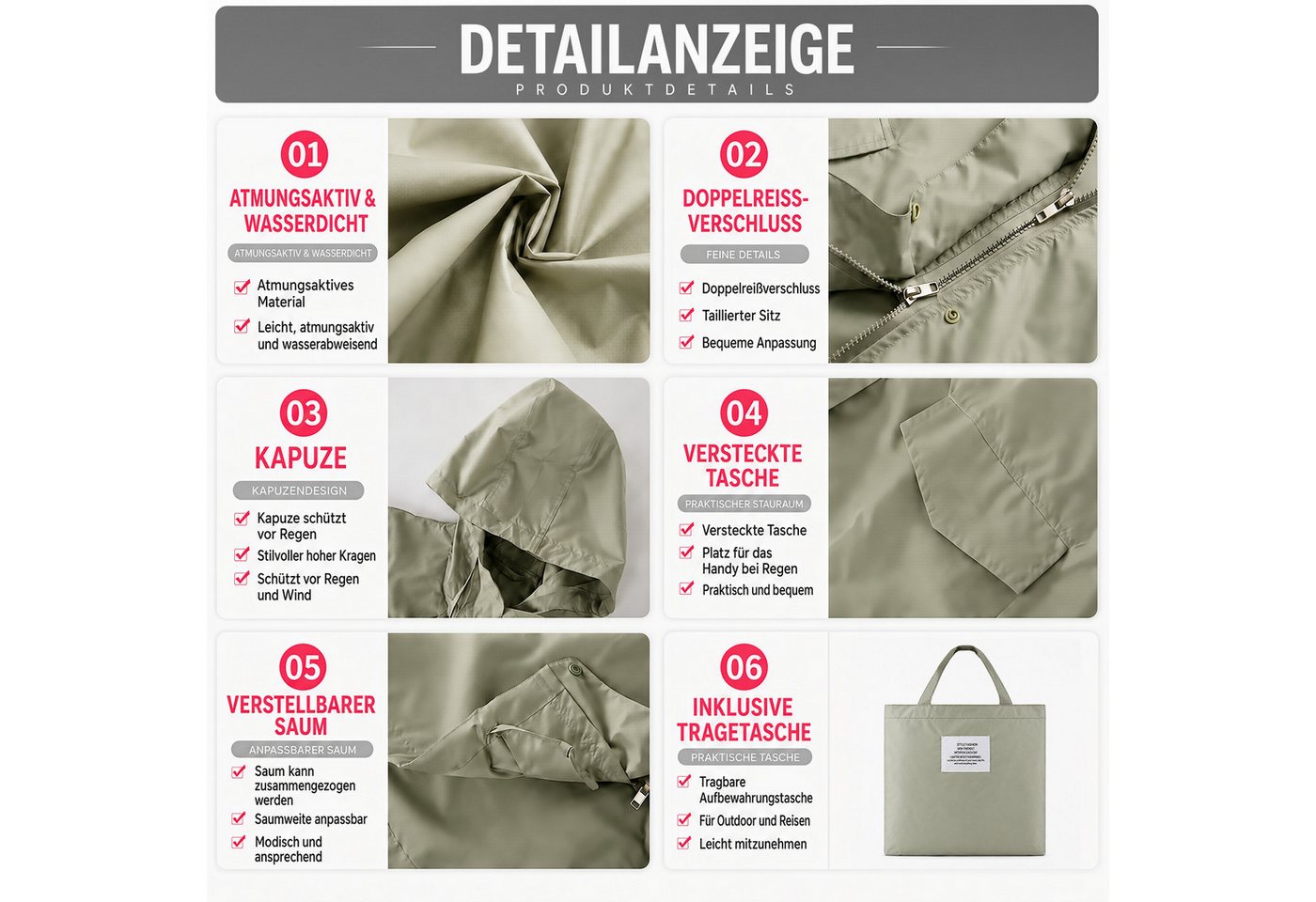 MOPUEA Regenmantel Regenmantel Damen Wasserdicht Leicht Atmungsaktiv Parka & Tasche XL (Set, 1-tlg., Multifunktional für unterwegs) Poncho Jacke Mantel für Erwachsene Bild 5